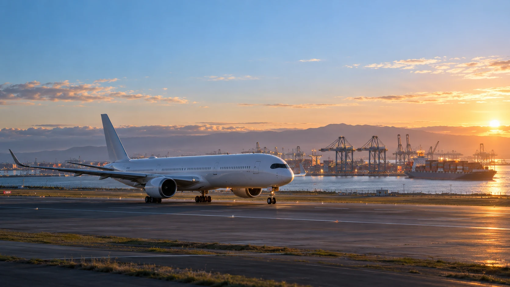 Illustrative aviation and maritime trade scene at dawn