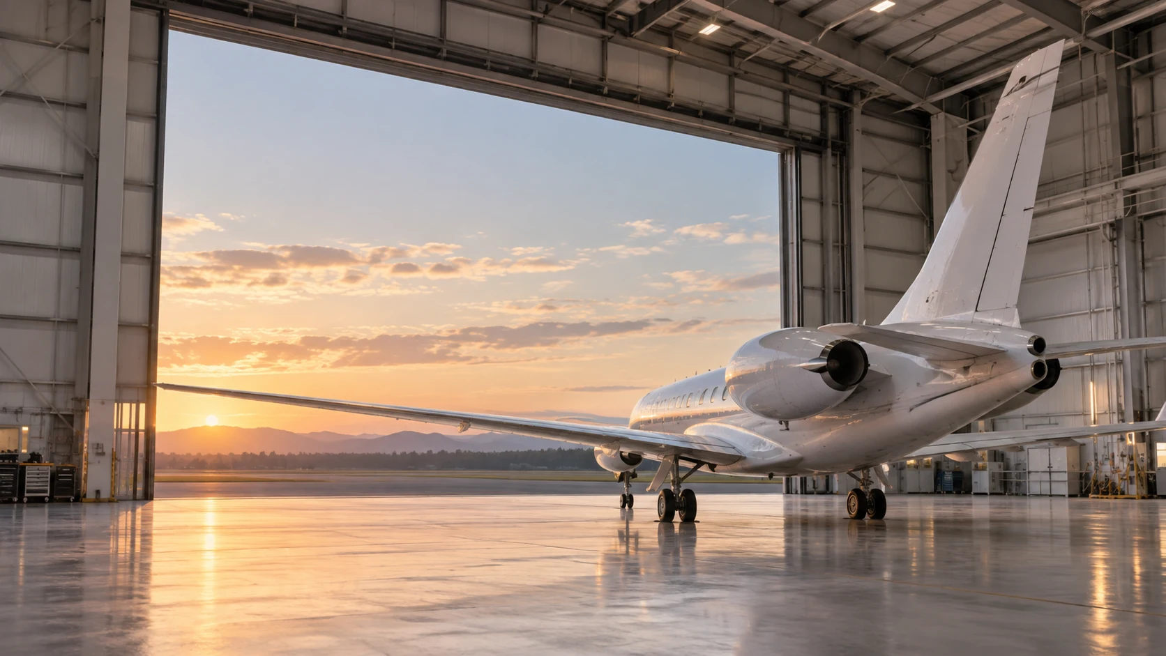 An aircraft within a large hangar, illuminated by warm evening light